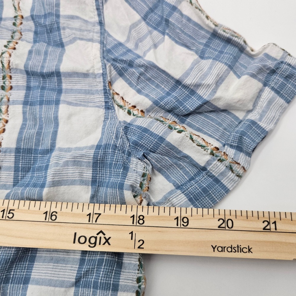 Lucky Brand Short Sleeve Plaid Western Shirt S P Blue‎ White Embroidered - Picture 5 of 6